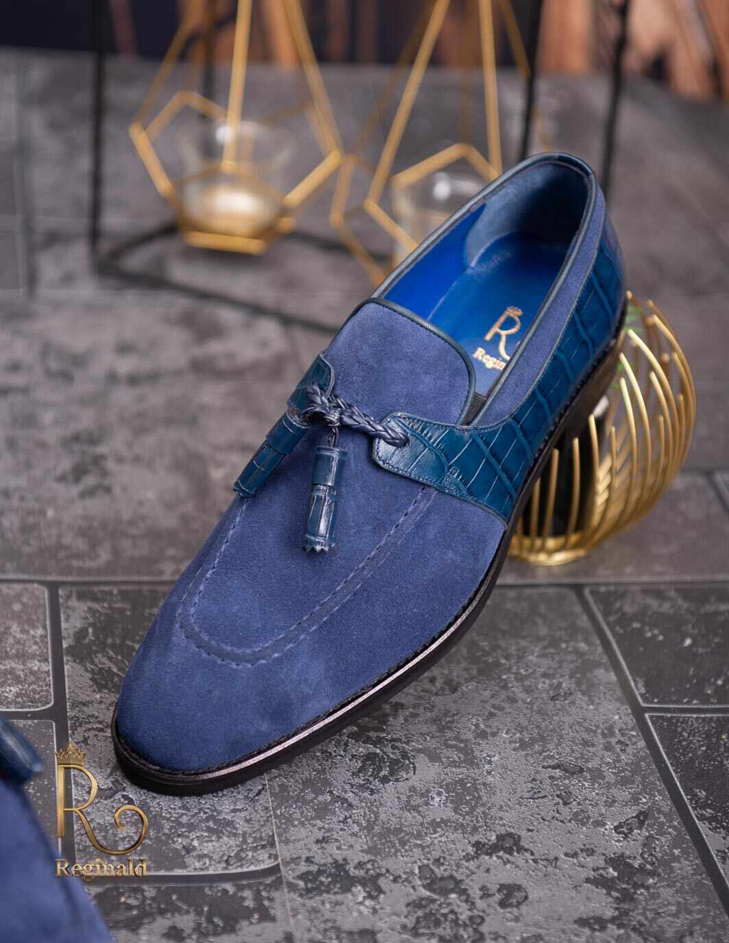 Pantofi Loafers, barbatesti, albastri, piele intoarsa- P1753